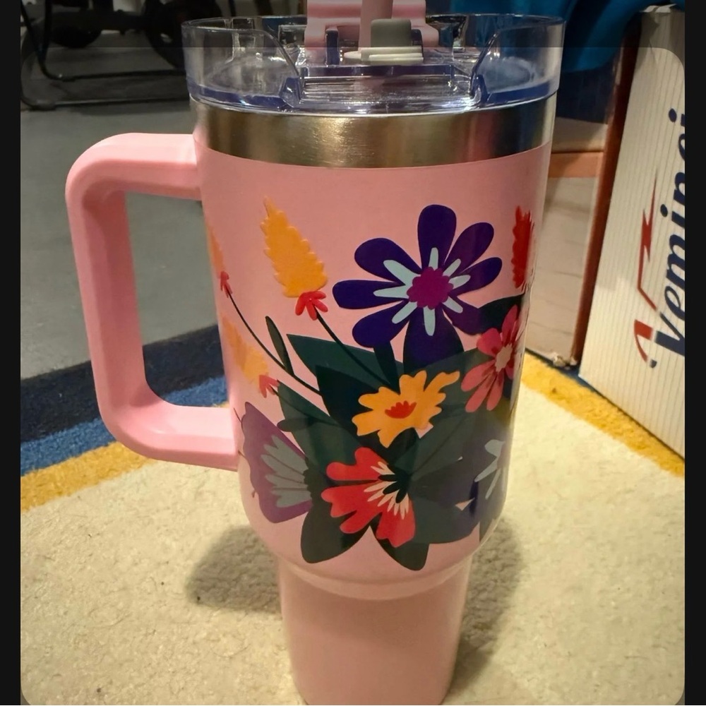 Floral Pink Tumbler with Handle by Modern Expressions